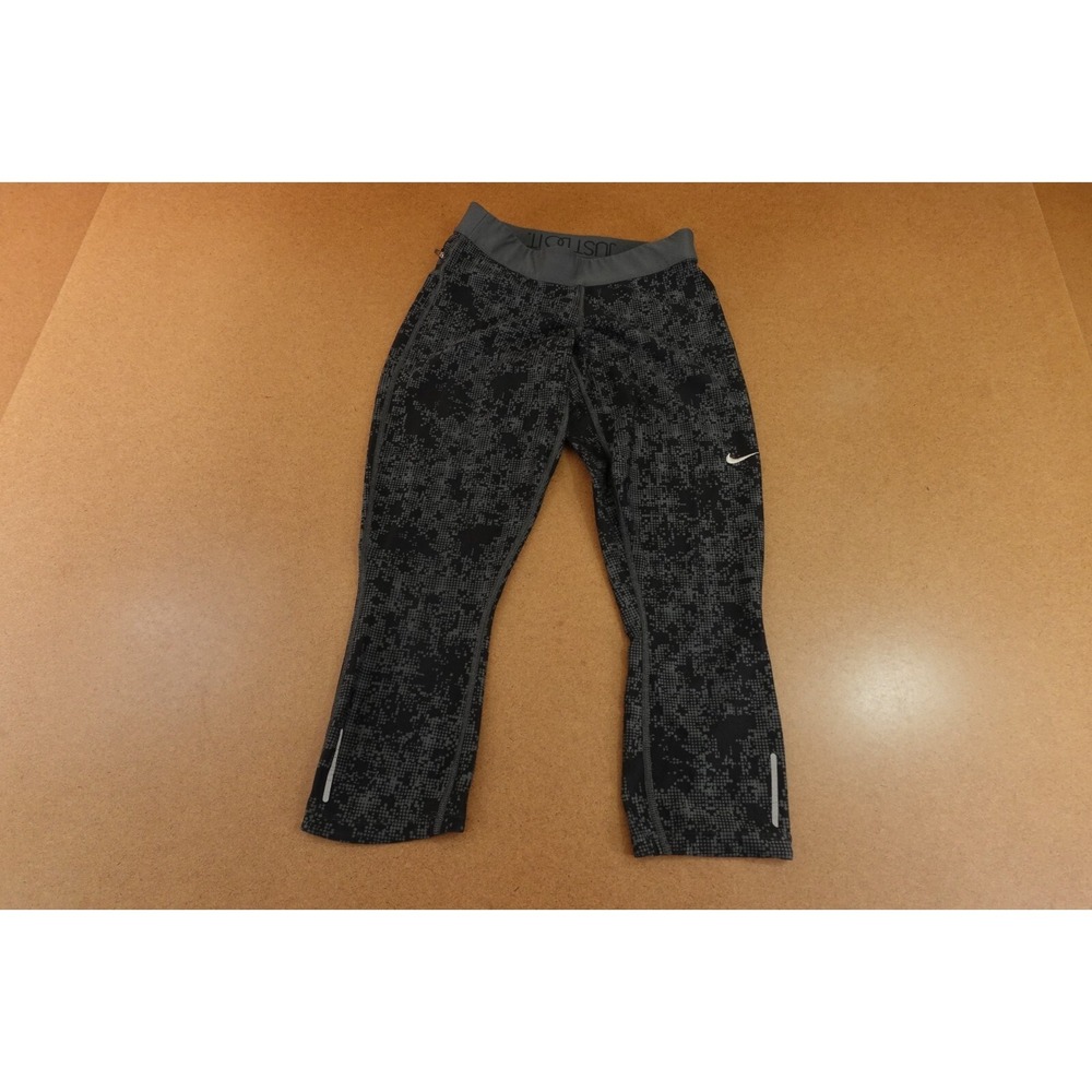 Nike Dri Fit Womens Small‎ Black Gray Printed Fold Over Low Rise Fitted Capri